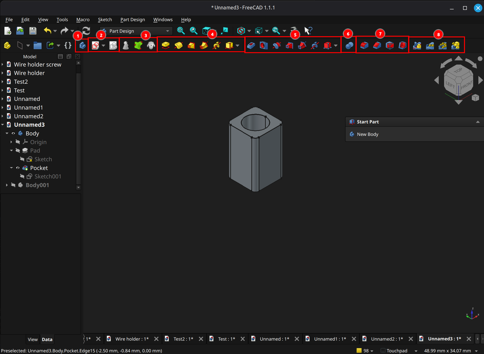 FreeCAD part design workbench user interface